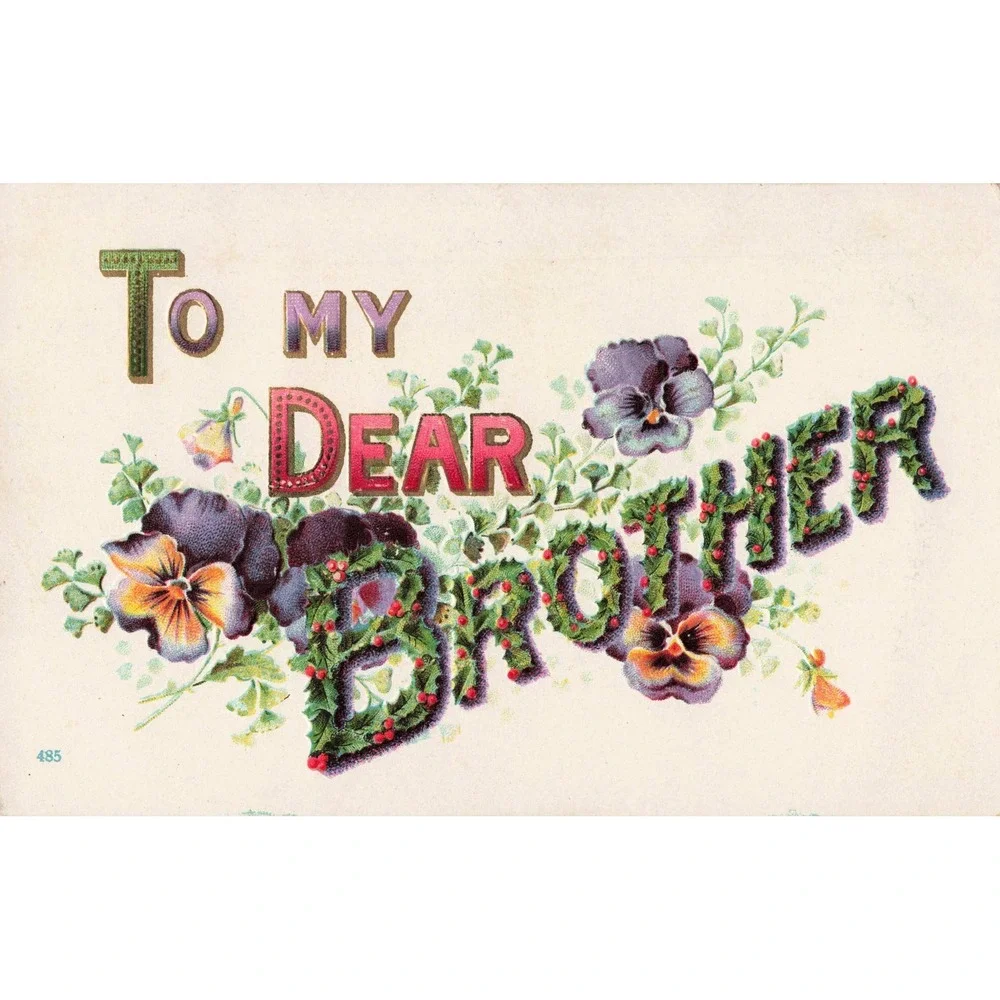 To My Dear Brother Antique Embossed Postcard Pansies Holly Floral Greeting c1910